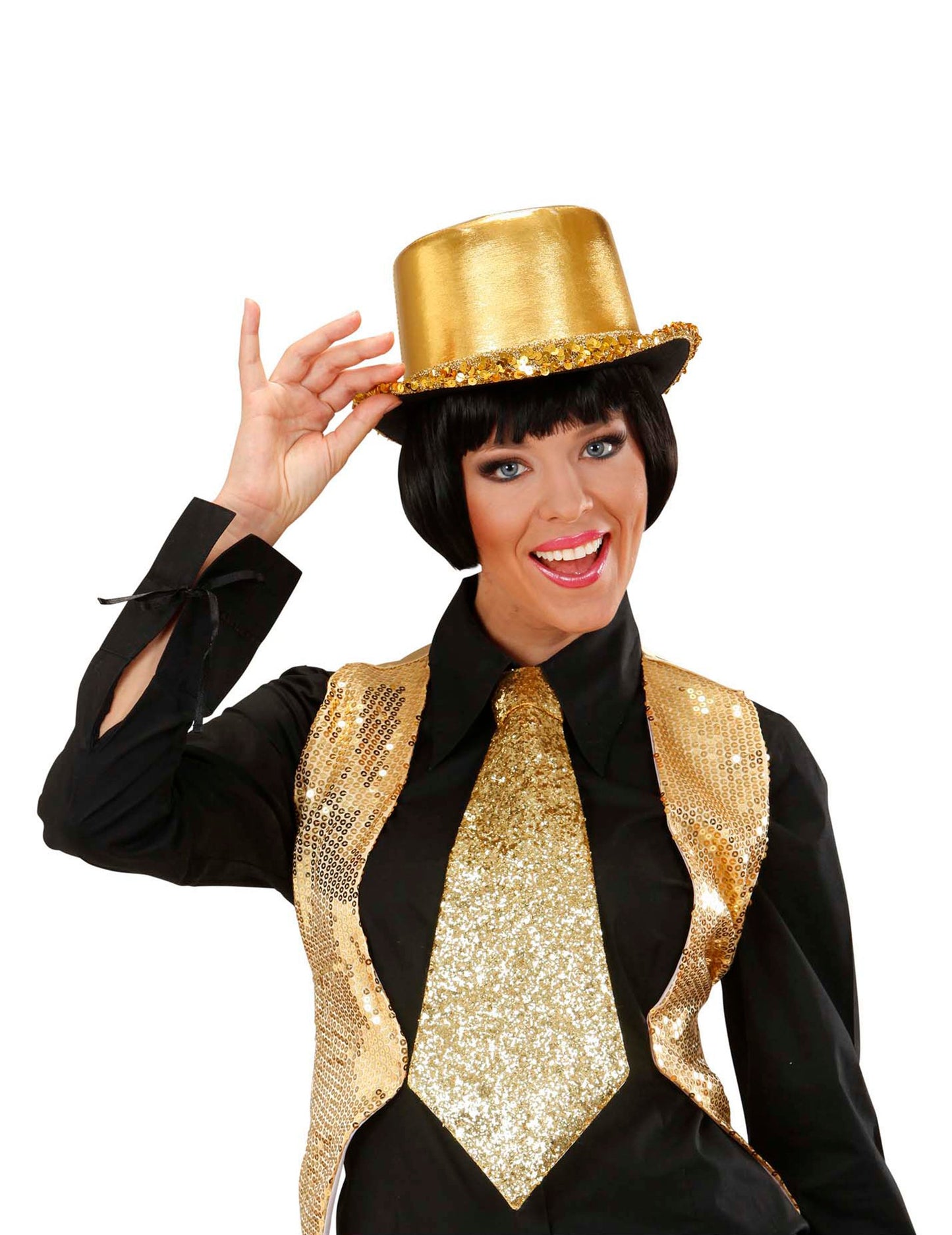 Mise en situation de la cravate à paillettes pour adulte dorée