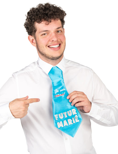 Cravate humoristique d'enterrement de vie de garçon pour homme bleu turquoise avec texte Futur Marié