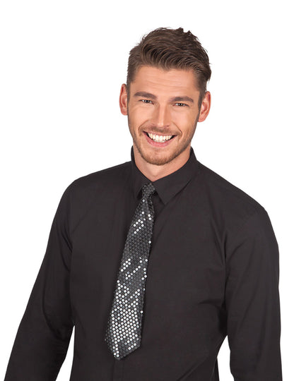 Cravată neagră cu paiete transparente pentru adulți