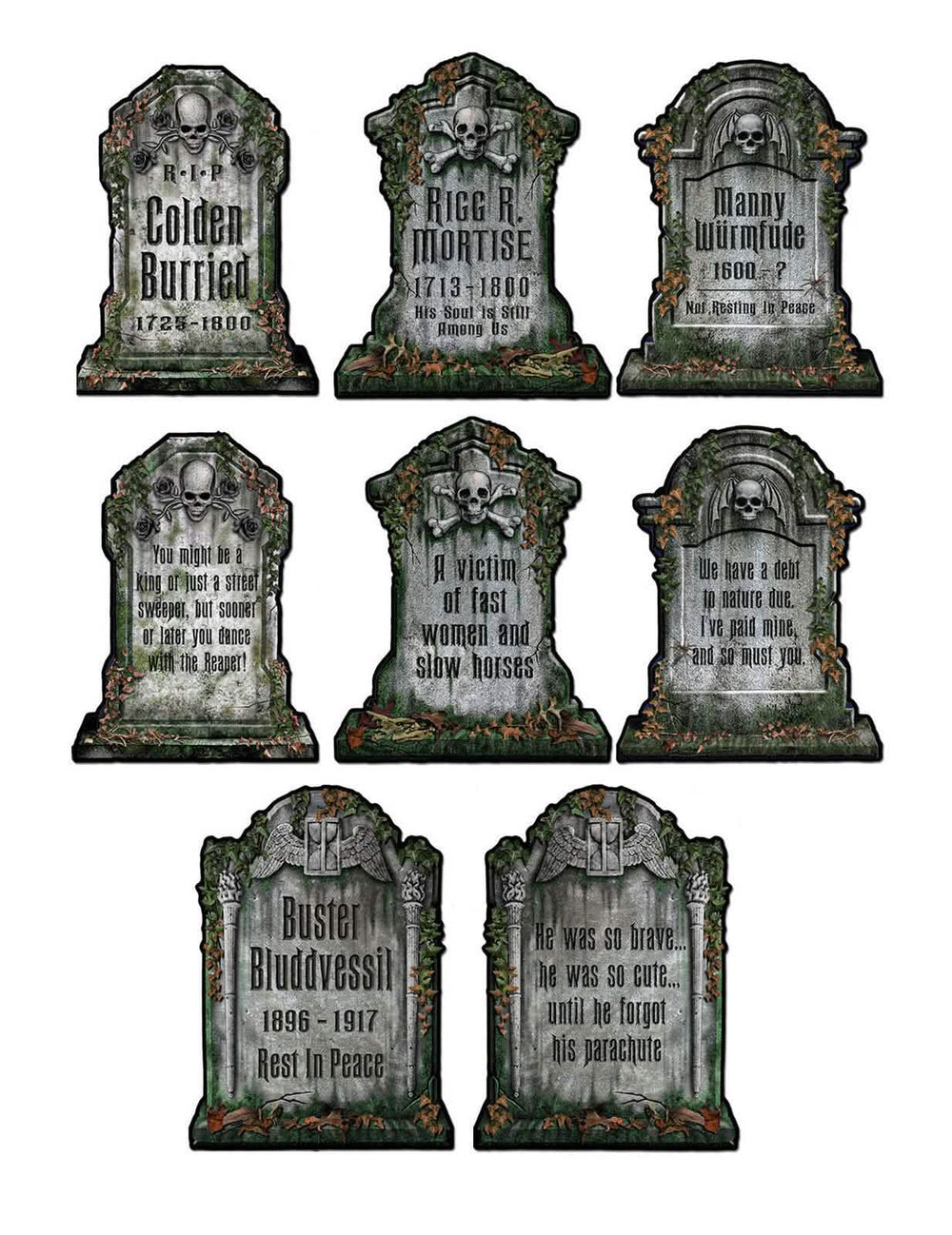 Decorațiuni din carton pentru piatră funerară de halloween, gri, cu cranii și mușchi