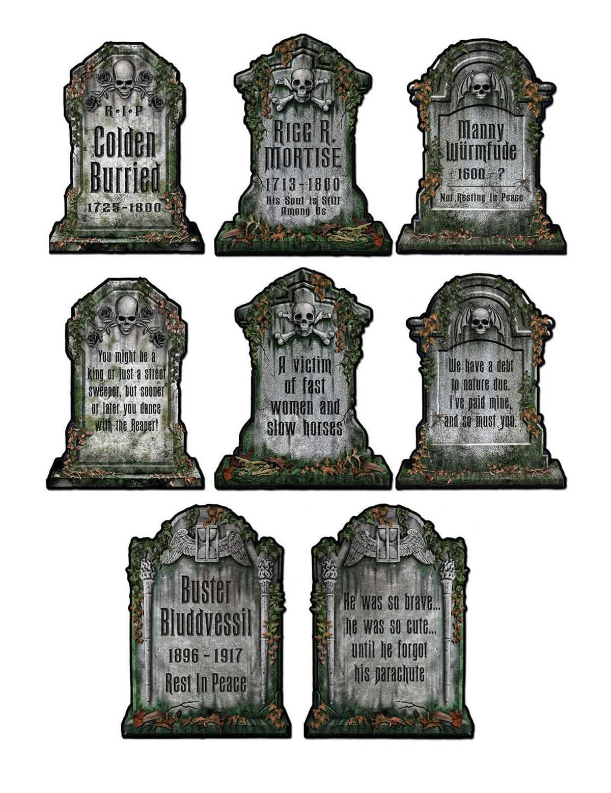 Decorațiuni din carton pentru piatră funerară de halloween, gri, cu cranii și mușchi
