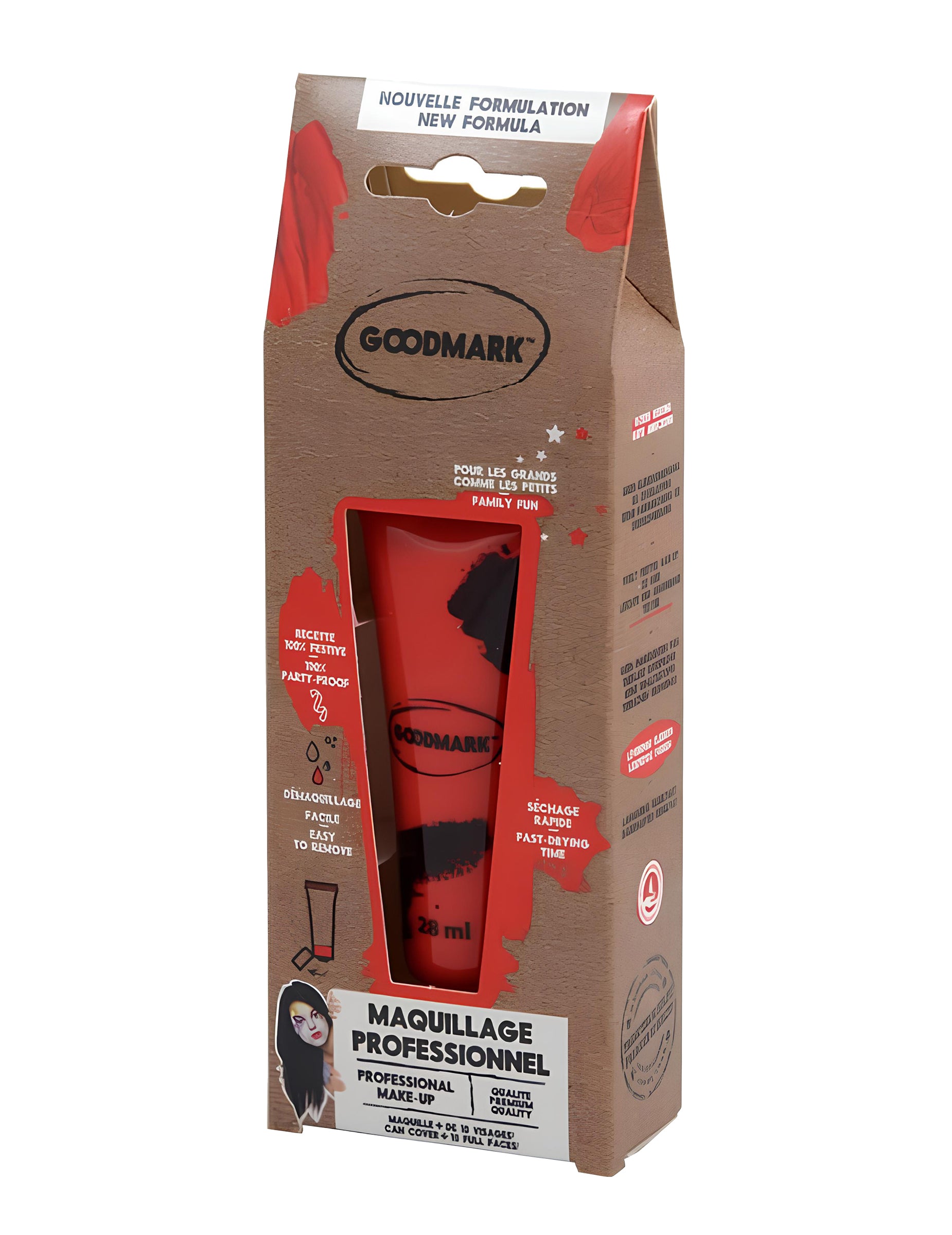 Vue de l'emballage du tube rouge de la Crème de maquillage à l'eau professionnel pour adulte et enfant