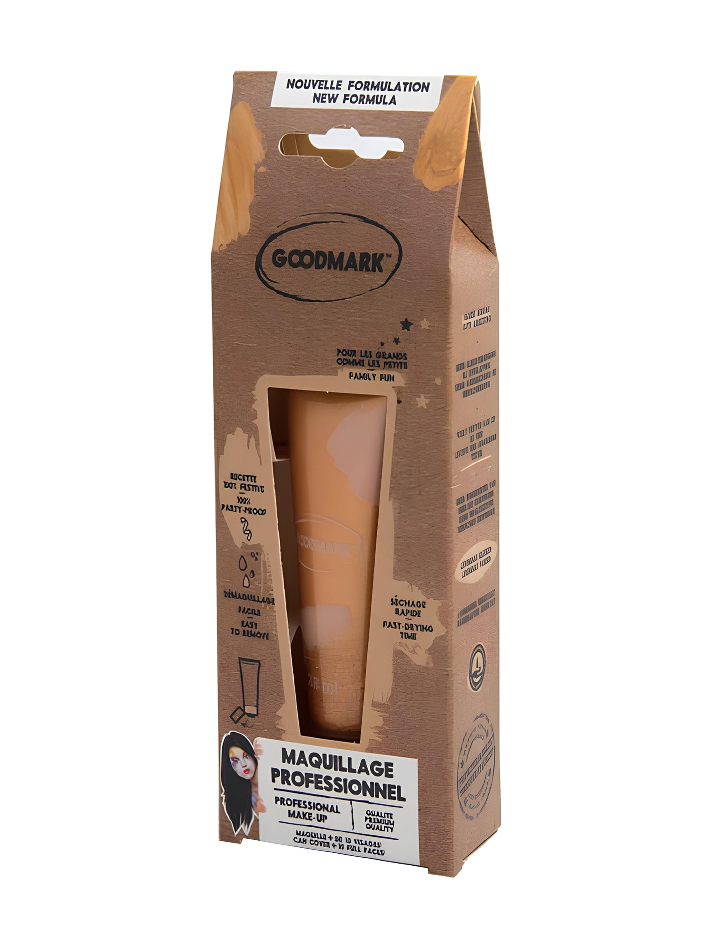 Vue de l'emballage du tube marron de la Crème de maquillage à l'eau professionnel pour adulte et enfant