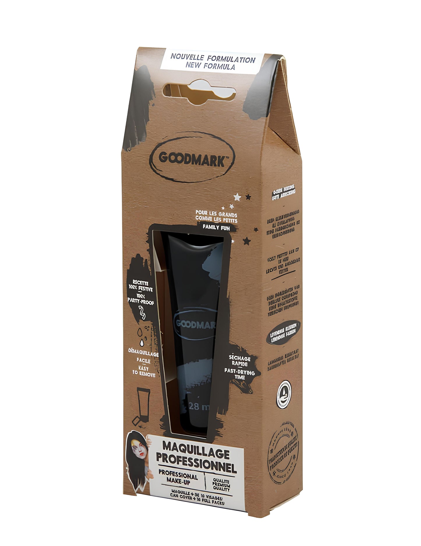 Vue de l'emballage du tube noir de la Crème de maquillage à l'eau professionnel pour adulte et enfant