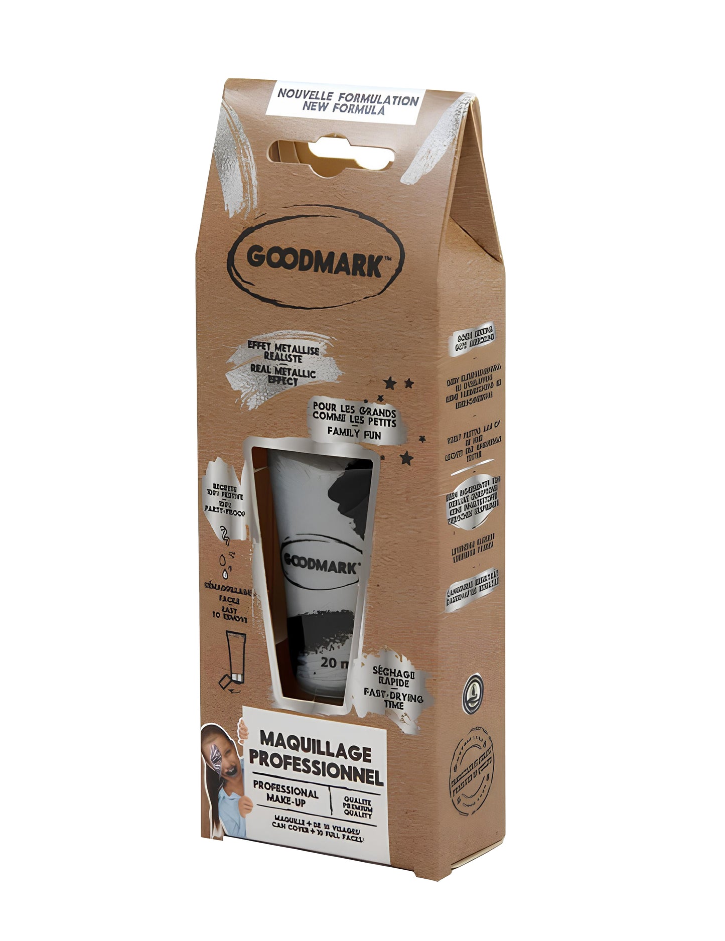 Vue de l'emballage du tube argenté de la Crème de maquillage à l'eau professionnel pour adulte et enfant