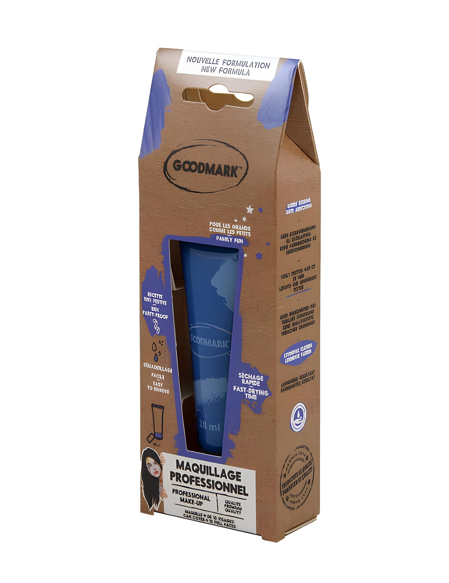 Vue de l'emballage du tube bleu de la Crème de maquillage à l'eau professionnel pour adulte et enfant