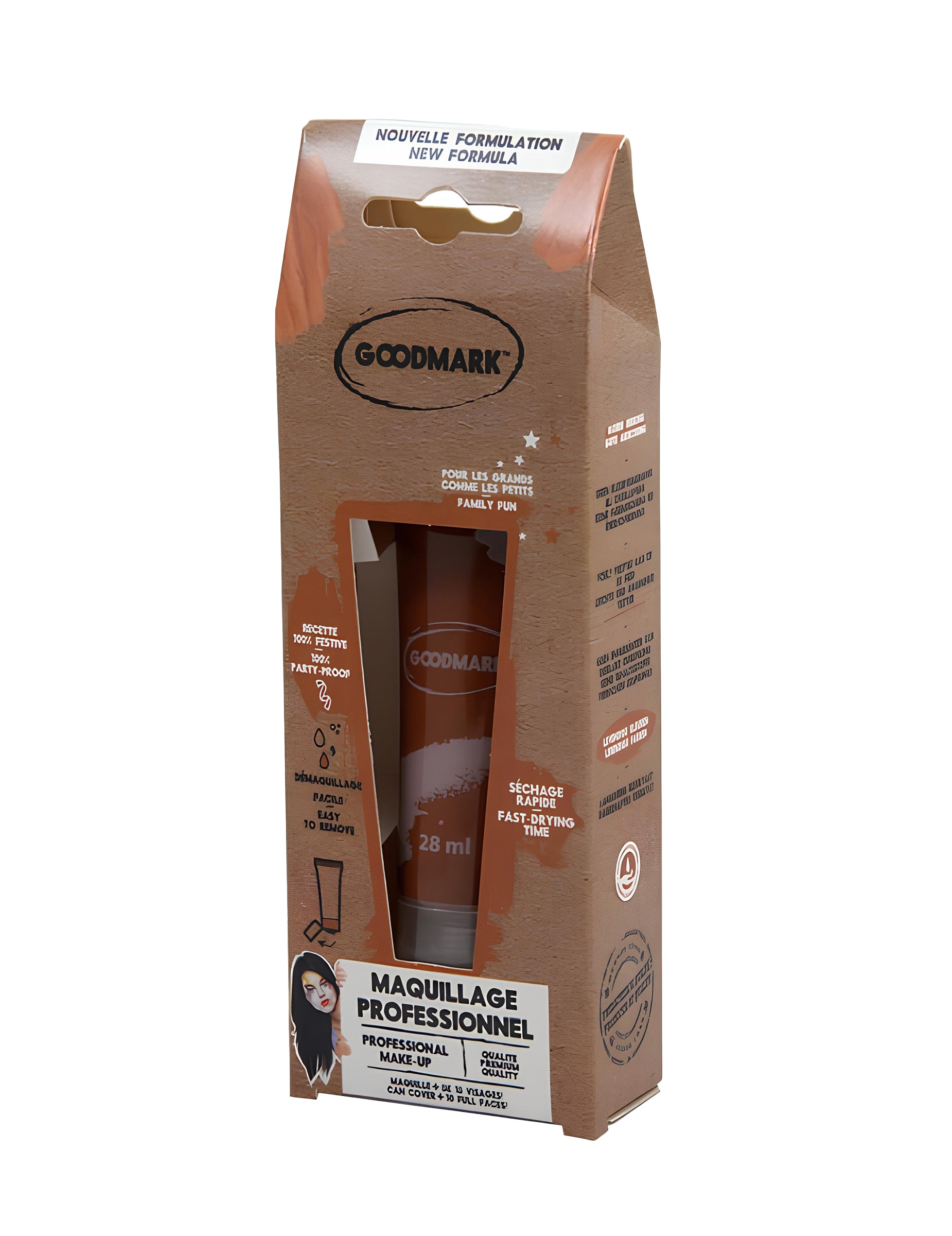 Vue de l'emballage du tube marron de la Crème de maquillage à l'eau professionnel pour adulte et enfant