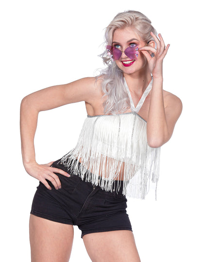 Crop-top festival cu franjuri alb pentru femei