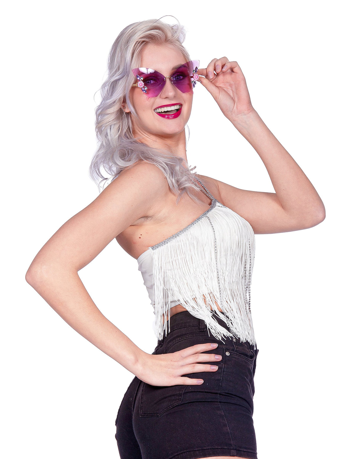 Crop-top festival cu franjuri alb pentru femei
