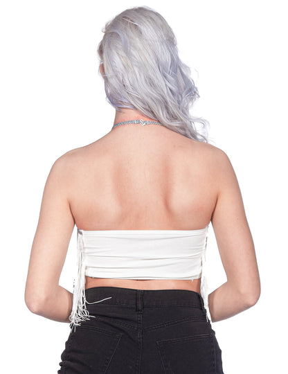 Crop-top festival cu franjuri alb pentru femei