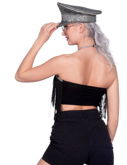 Crop-top festival cu franjuri negru pentru femei