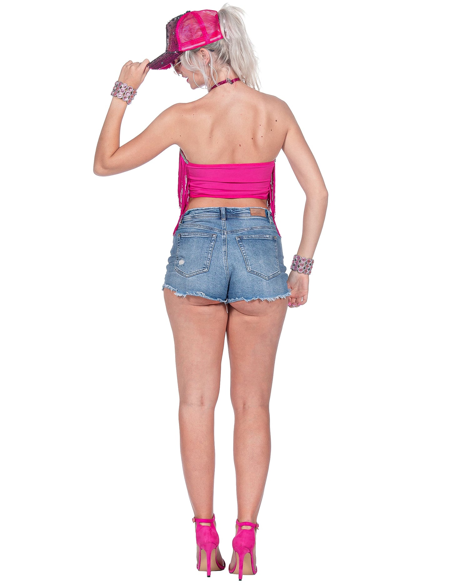 Crop-top festival cu franjuri roz pentru femei