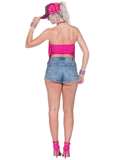 Crop-top festival cu franjuri roz pentru femei