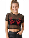 Crop top negru din plasă cu mâini însângerate pentru adulți
