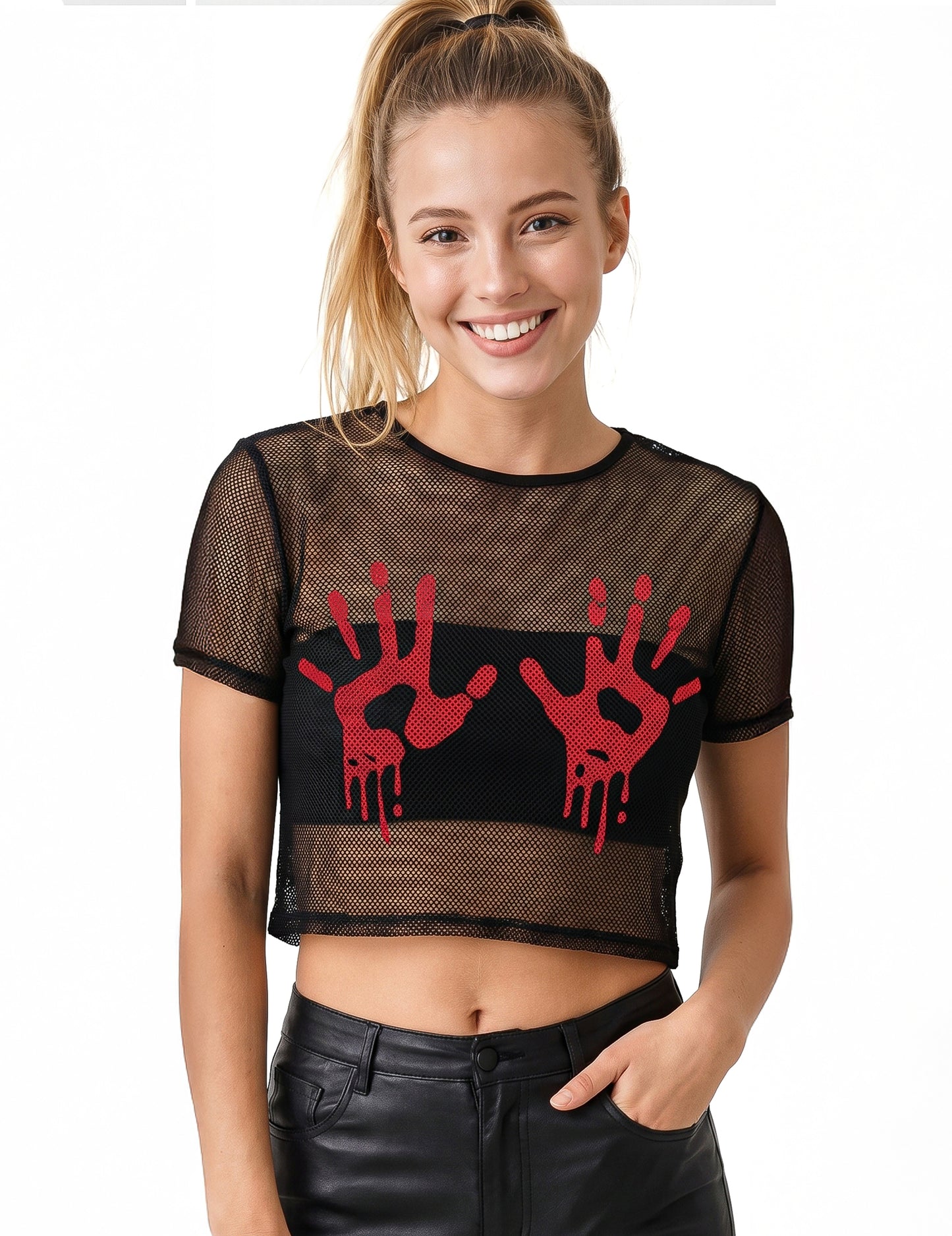 Crop top negru din plasă cu mâini însângerate pentru adulți