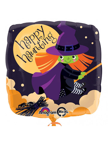 Balon din aluminiu cu vrăjitoare pentru Halloween, violet și portocaliu, cu inscripția Happy Haunting