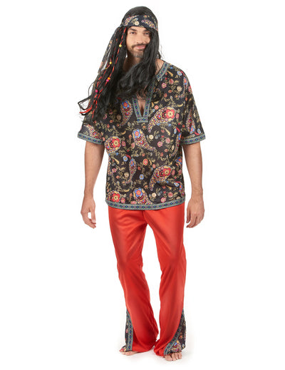 Costum hippie pentru bărbați roșu cu tunică florală și bentiță