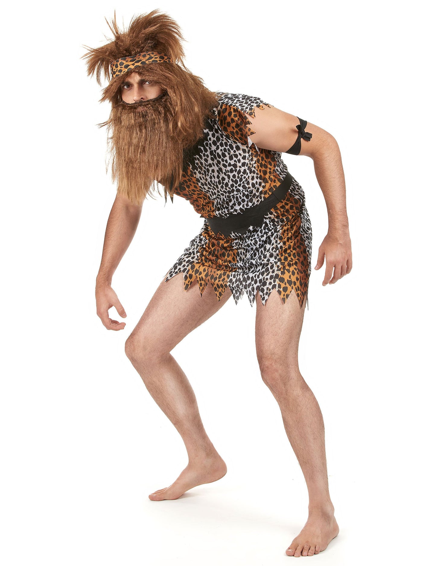 Vedere frontală cu barbă și perucă a costumului de om al peșterii