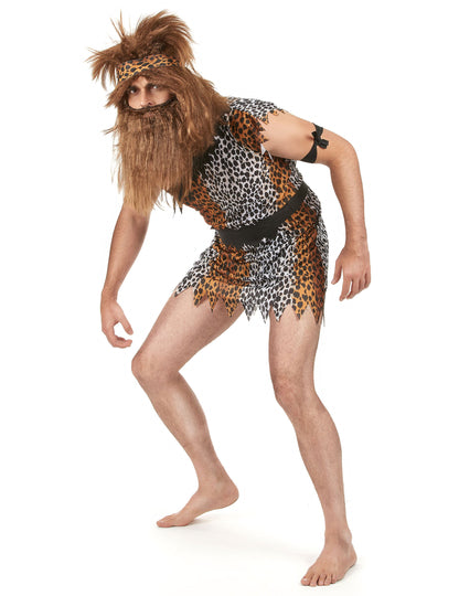 Vedere frontală cu barbă și perucă a costumului de om al peșterii