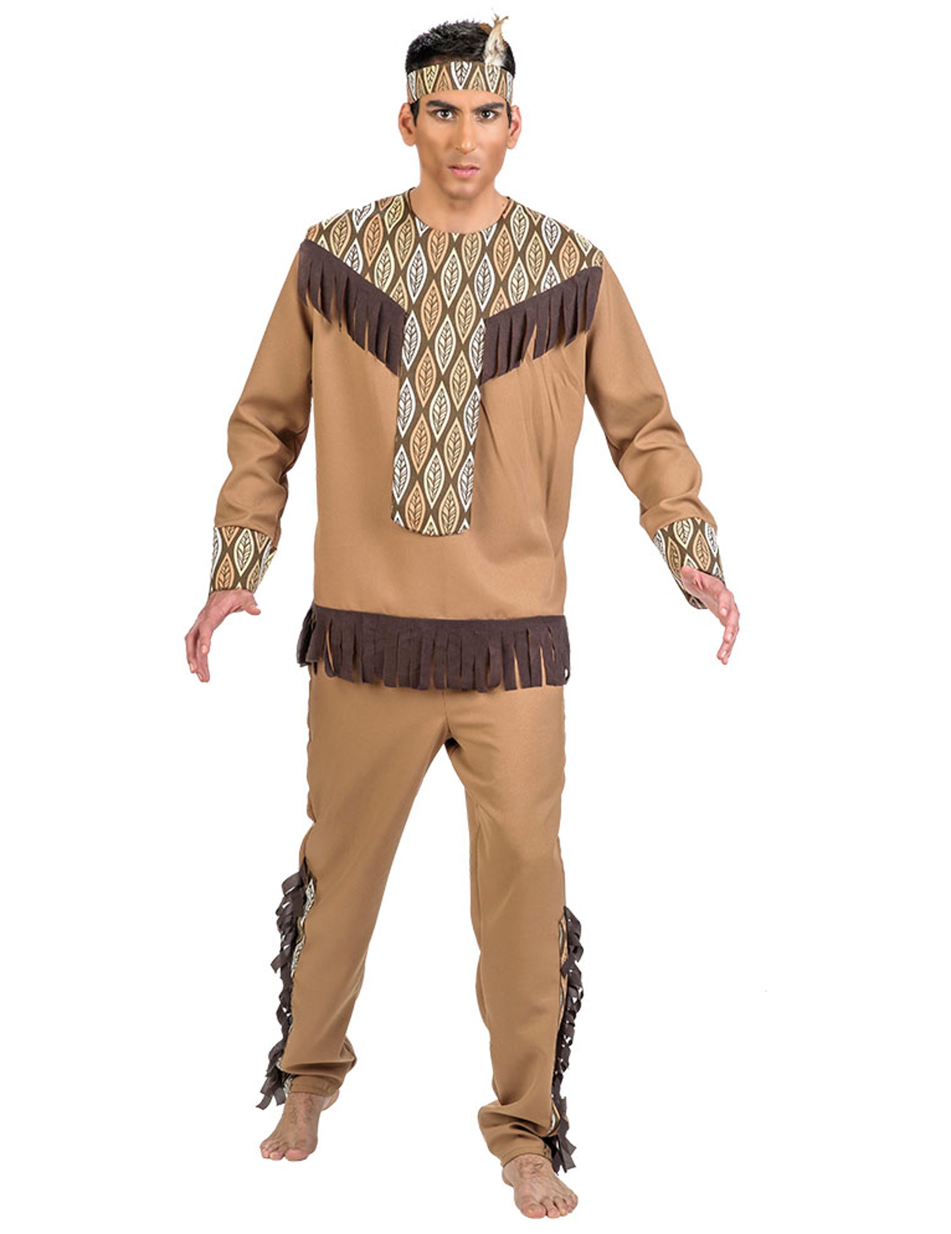Déguisement indien avec feuilles pour homme marron à franges et bandeau assorti
