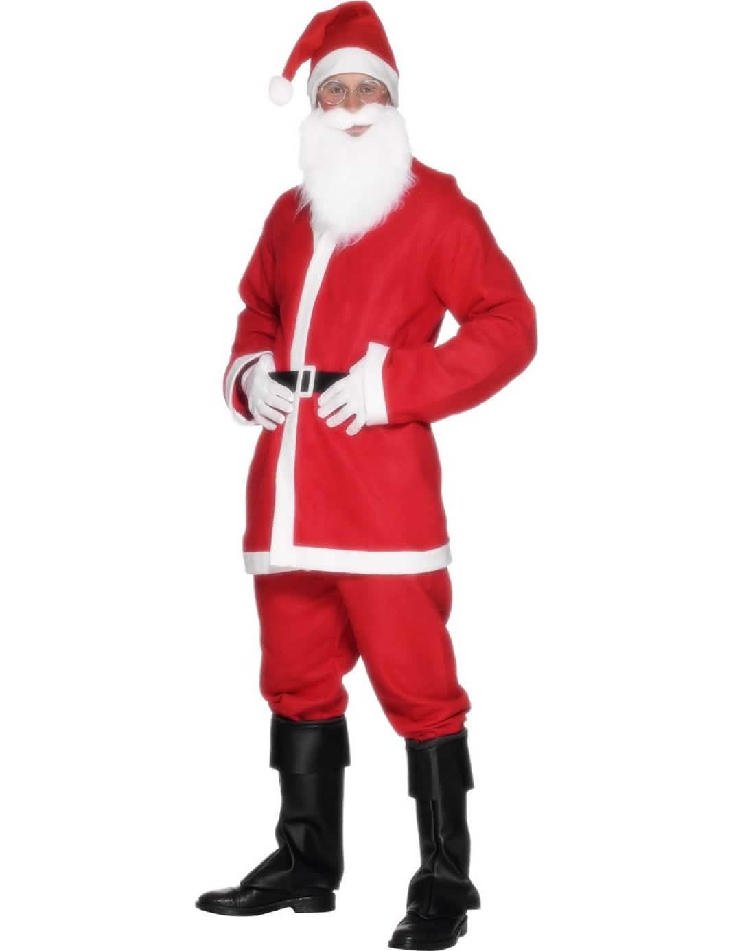 costum de moș crăciun pentru bărbat roșu și alb cu barbă și căciulă
