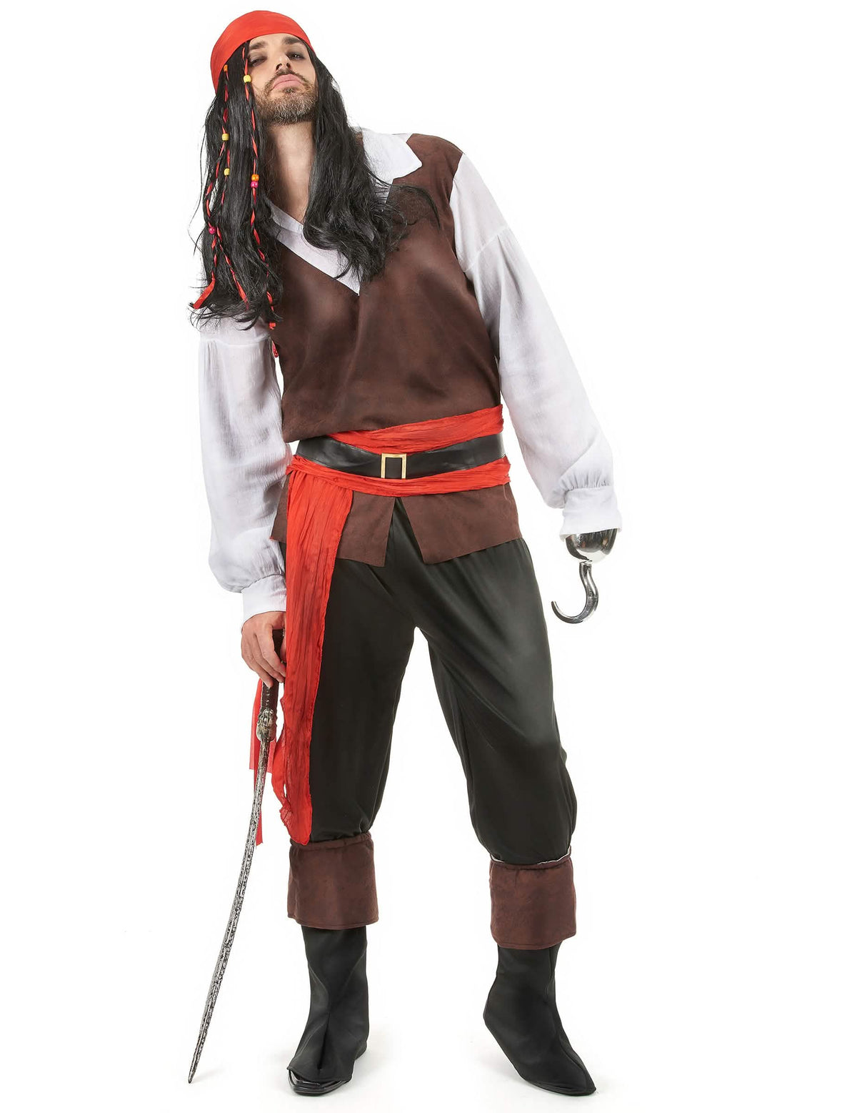 Déguisement de pirate pour homme avec pantalon noir et gilet marron