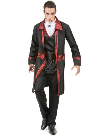 Déguisement de vampire chic pour homme noir et rouge avec col blanc