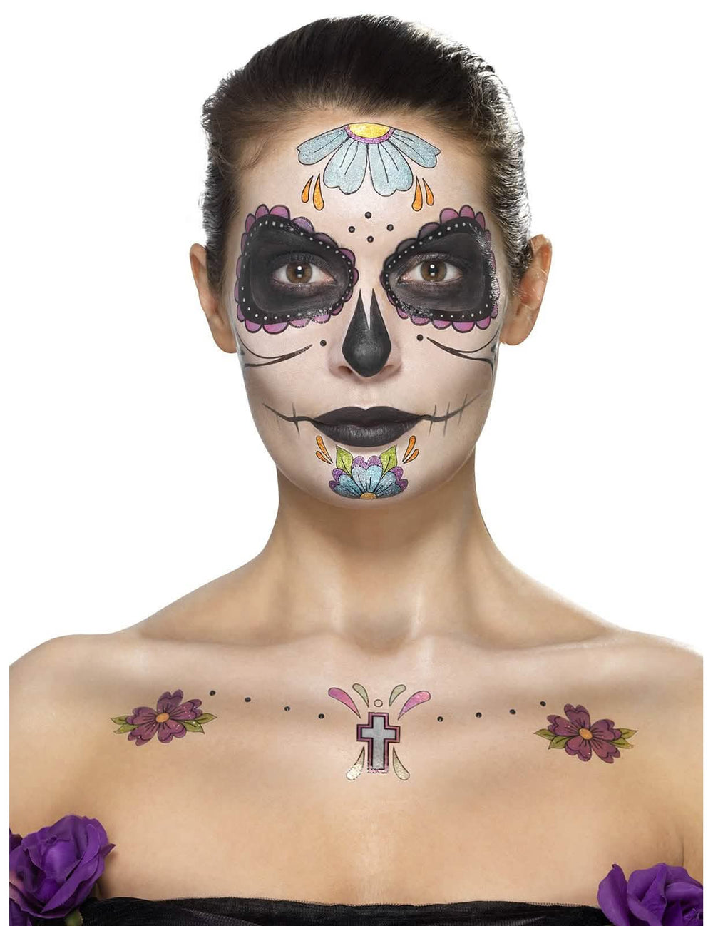 Vedere de ansamblu a conținutului kitului machiaj Dia de los muertos pentru femeie flori albastre