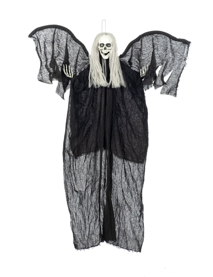 Décoration à suspendre ange noir de la mort pour Halloween noir et lumineux avec cheveux gris