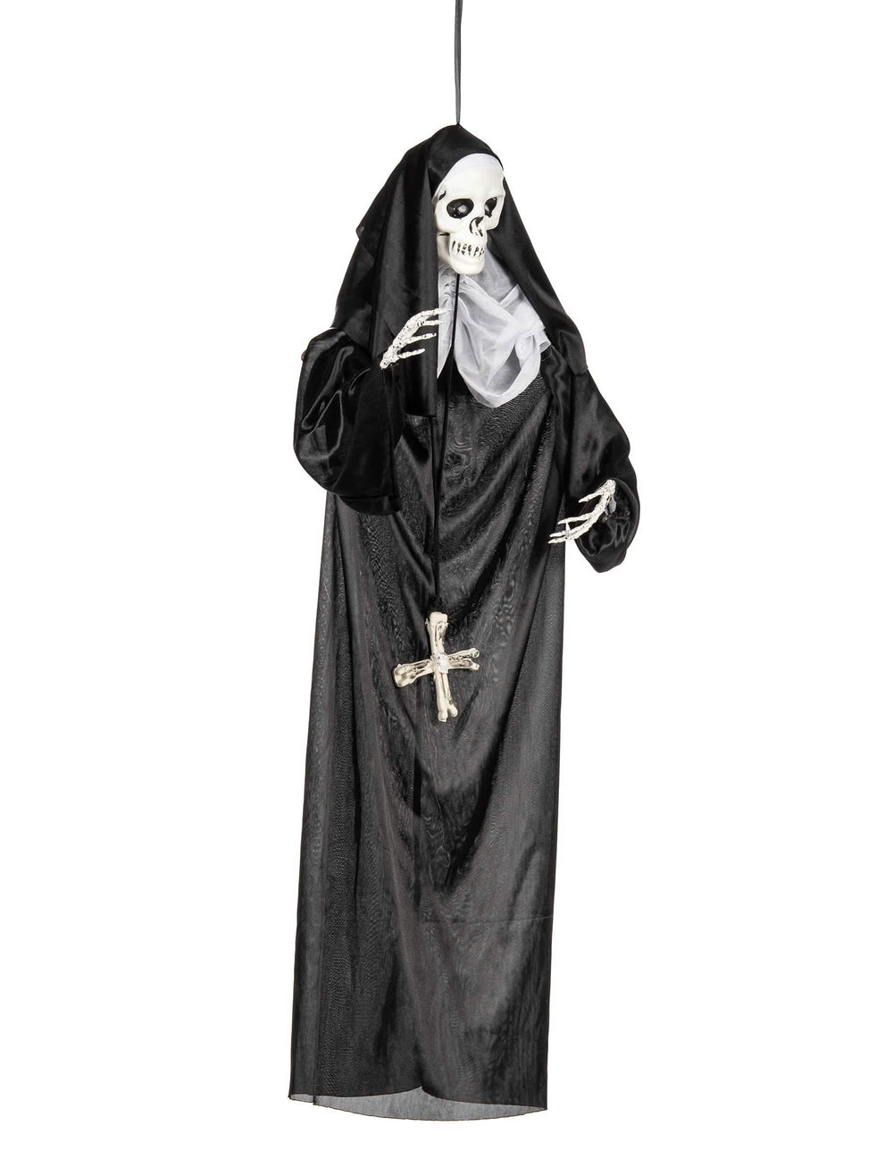 Decorațiune de agățat călugăriță pentru halloween neagră cu cap de schelet și cruce din oase