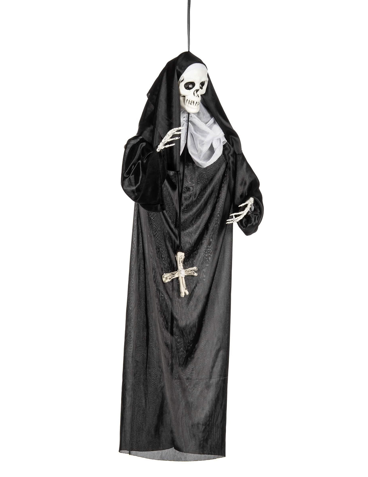 Decorațiune de agățat călugăriță pentru halloween neagră cu cap de schelet și cruce din oase