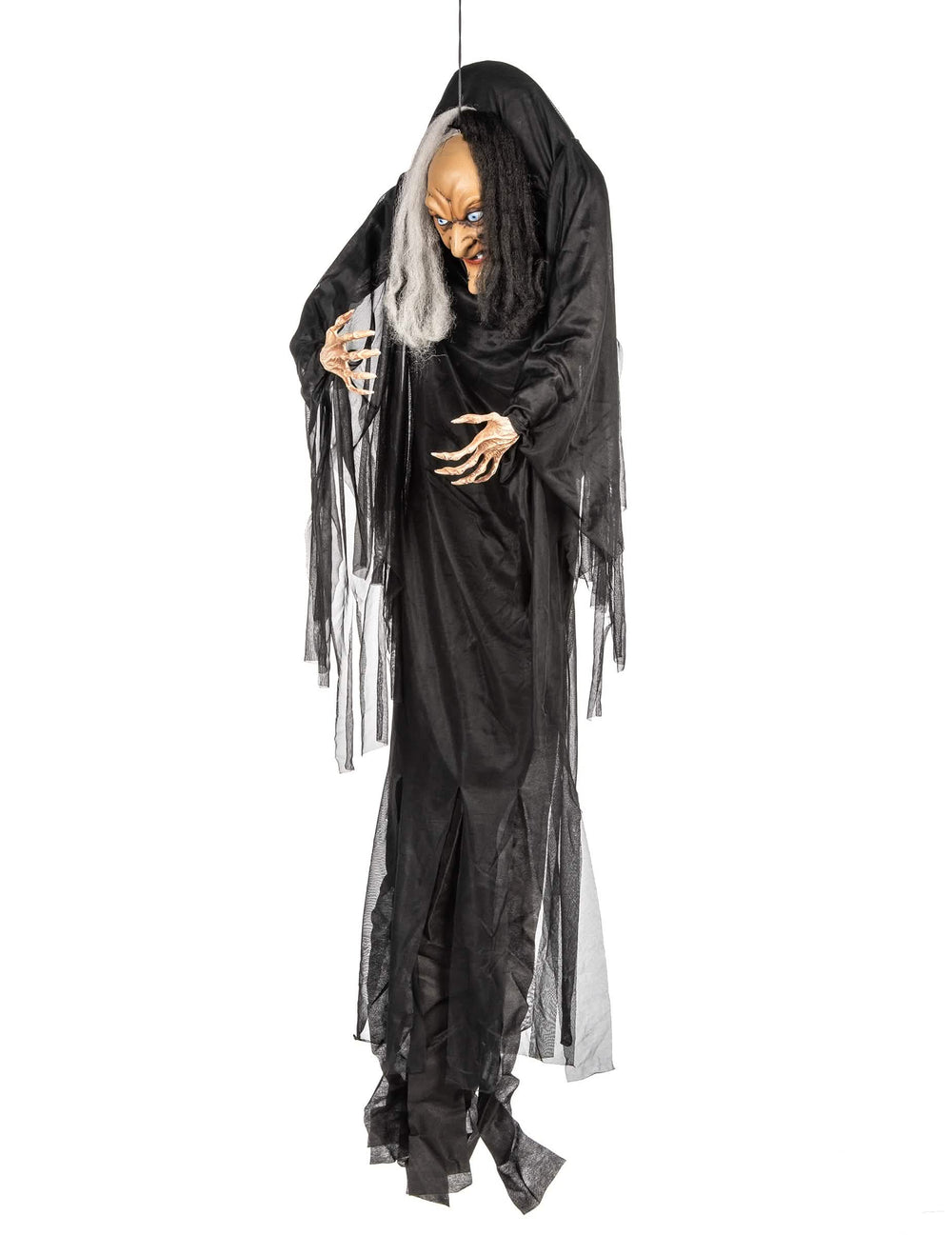 Vedere din profil a decorațiunii de agățat vrăjitoare pentru halloween, alb-negru