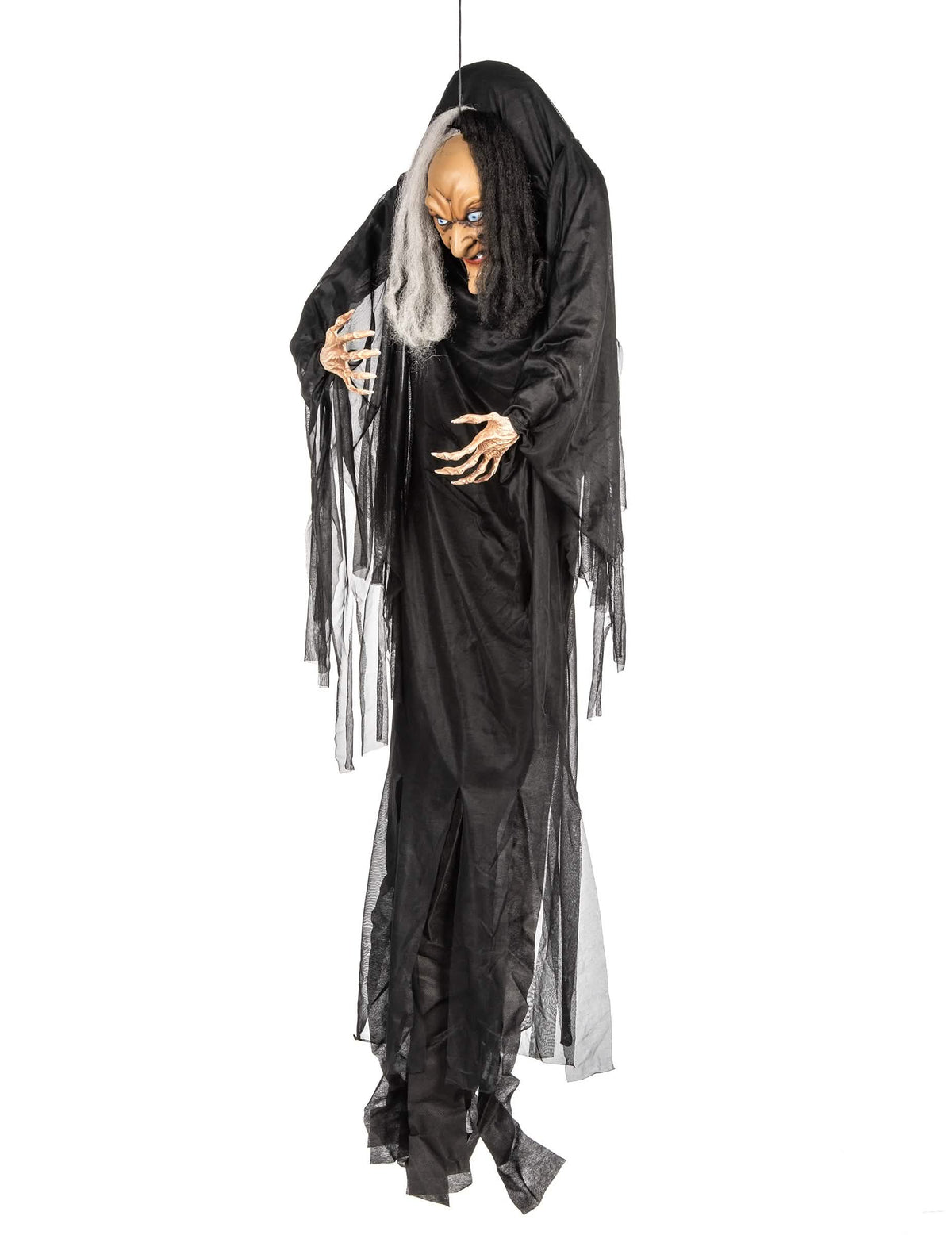 Vedere din profil a decorațiunii de agățat vrăjitoare pentru halloween, alb-negru