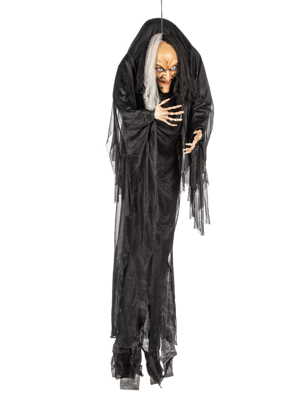 Vedere din față a decorațiunii de agățat vrăjitoare pentru halloween alb-negru