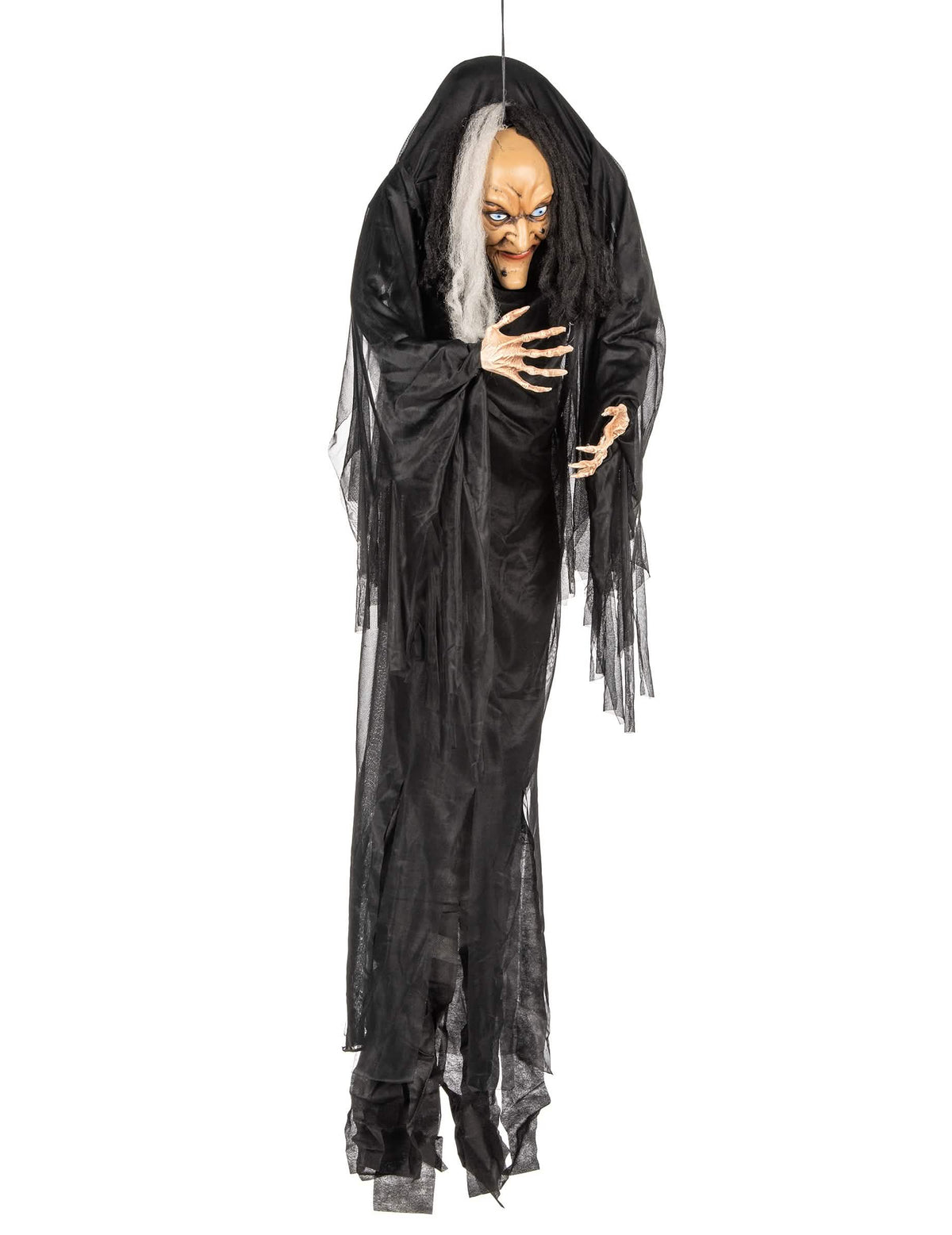 Vedere din față a decorațiunii de agățat vrăjitoare pentru halloween alb-negru