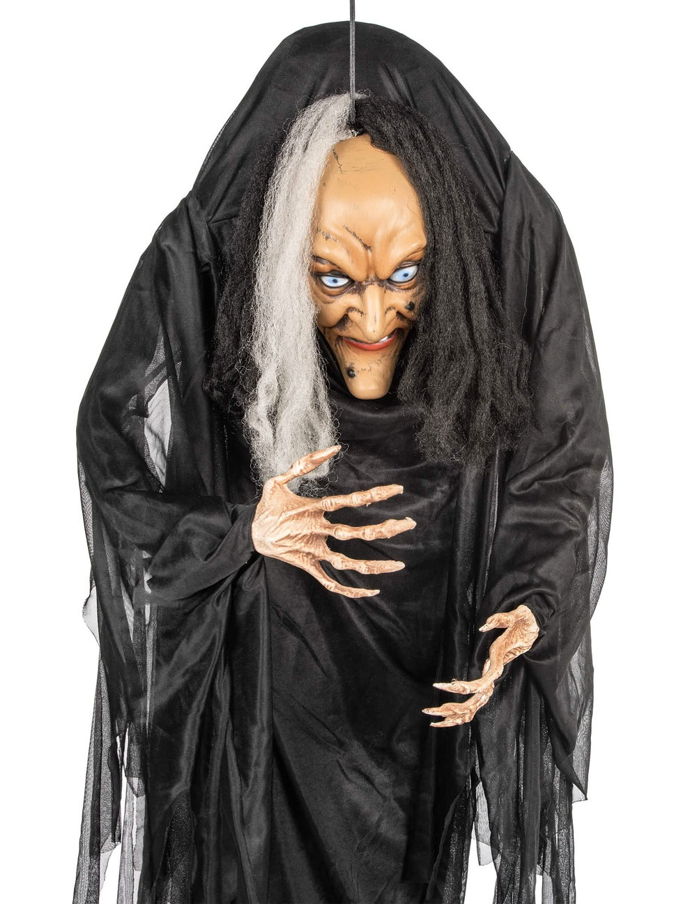 Imagine de ansamblu a decorațiunii de agățat vrăjitoare pentru halloween, neagră și albă