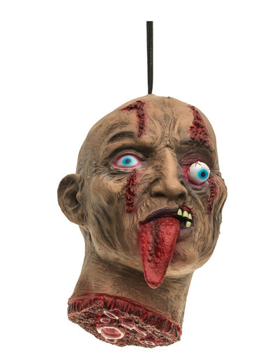 Décoration à suspendre tête coupée pour Halloween beige et ensanglantée avec langue pendante
