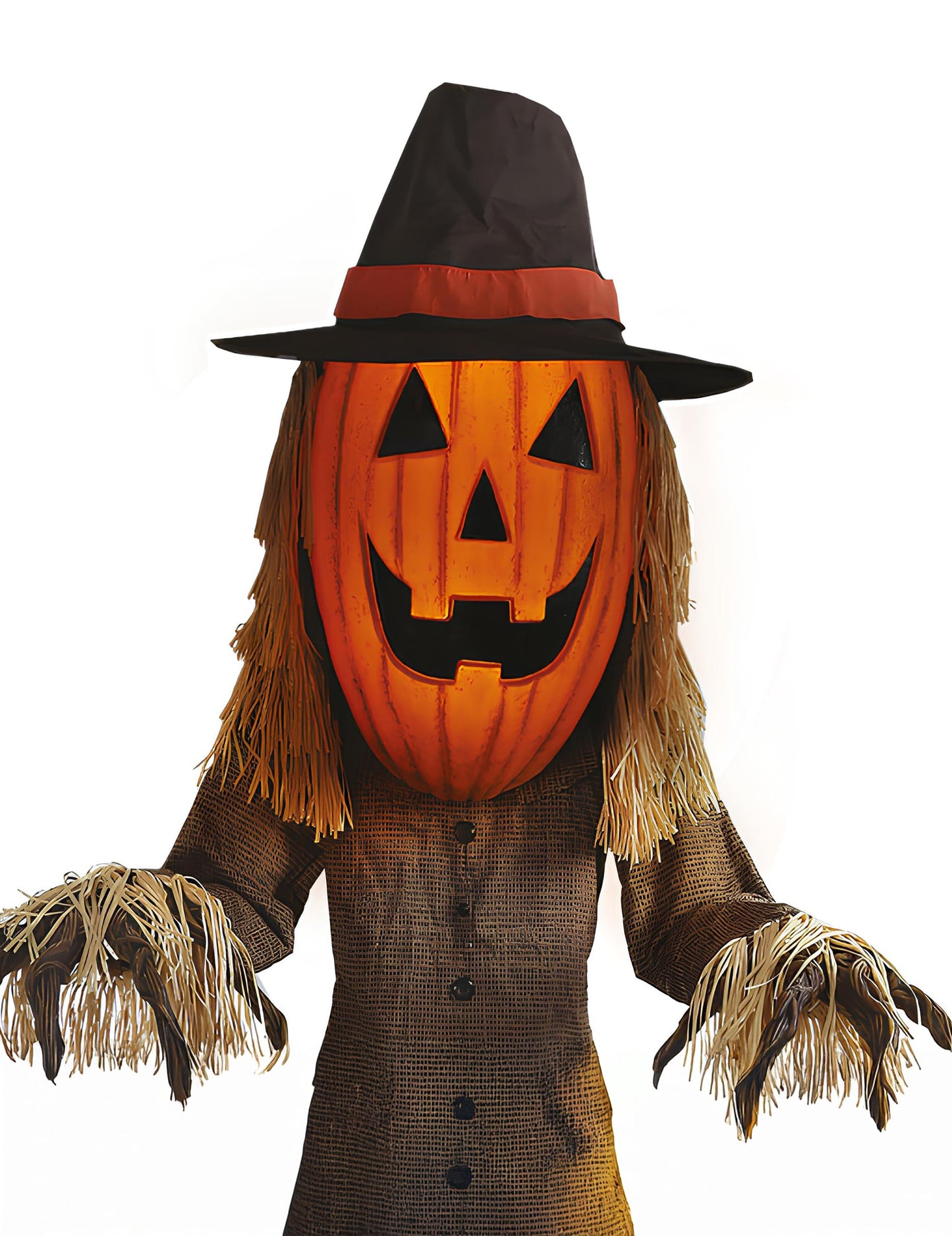 Détails de la paille sur les mains et le buste de la décoration animée Citrouille Jack O'Lantern