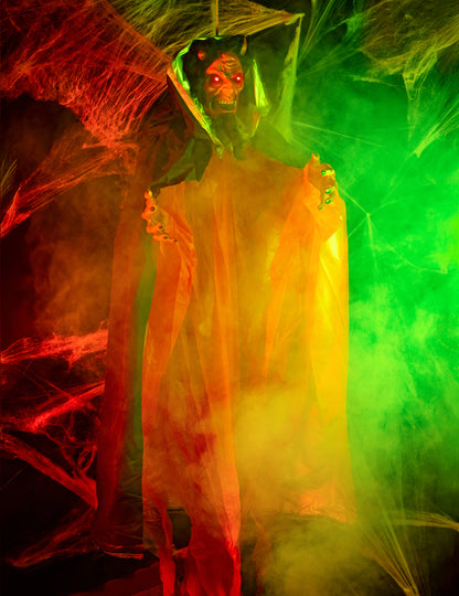 Punere în scenă cu efecte de fum și lumină ale decorațiunii animate și luminoase demon