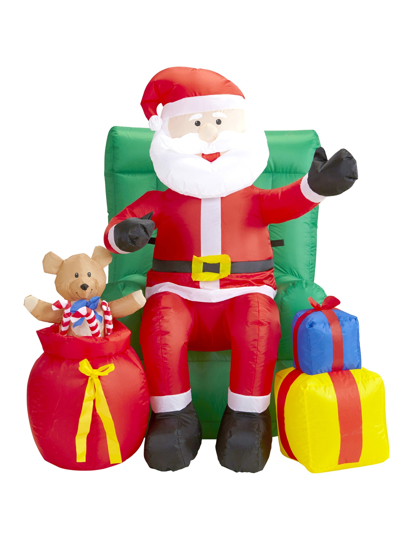 Decorațiune animată gonflabilă Moș Crăciun așezat cu cadouri 122 cm 