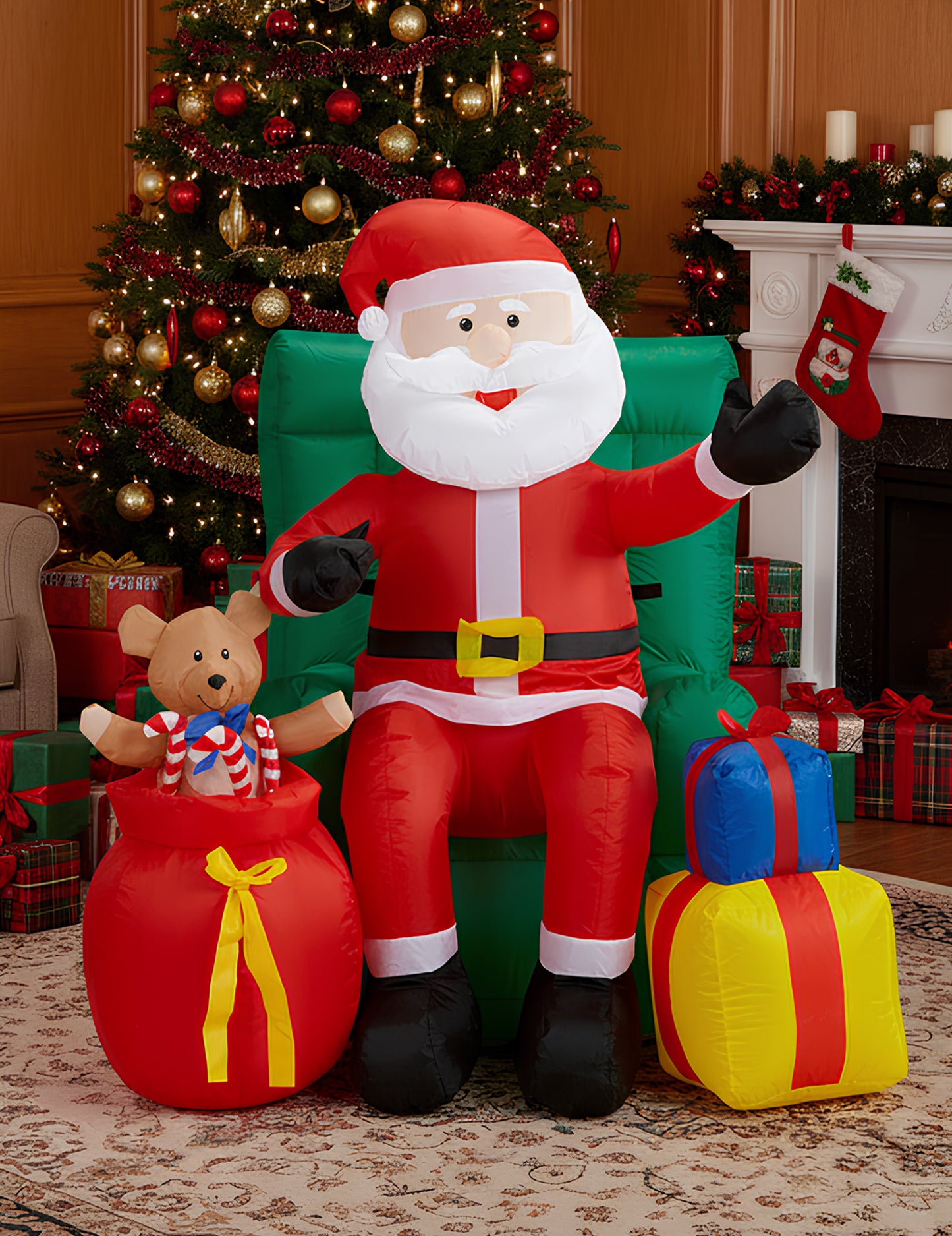 Decorațiune animată gonflabilă Moș Crăciun așezat cu cadouri 122 cm 