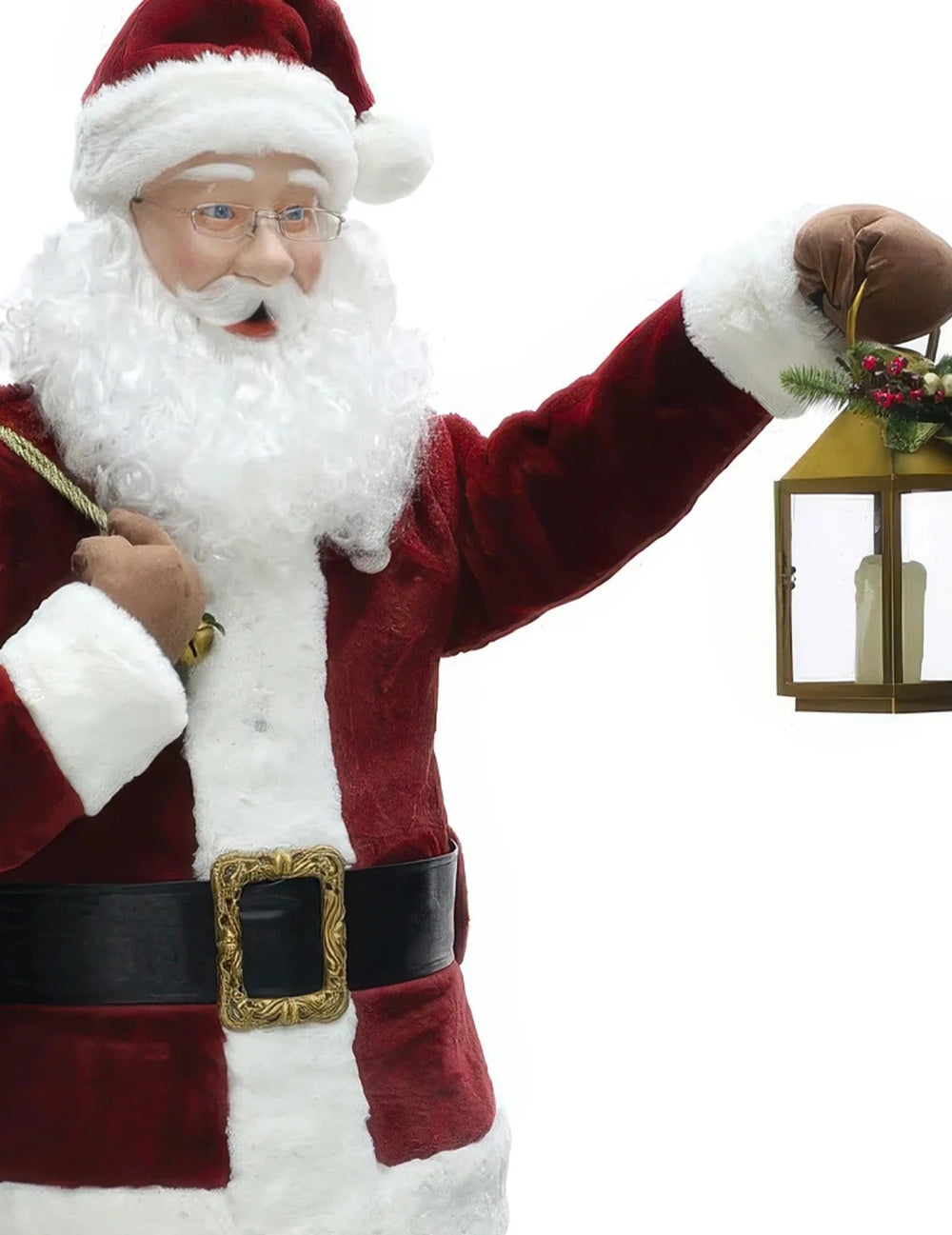 Gros plan sur le buste et la lanterne de la décoration animée Père Noël Deluxe