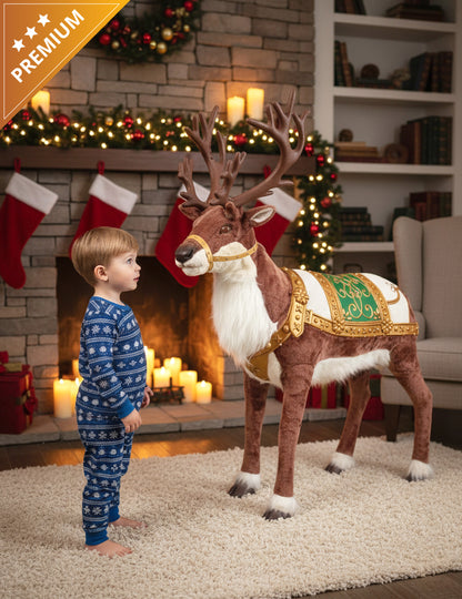 Décoration animée renne de Noël avec son et mouvement pour la maison marron avec harnais doré et selle verte