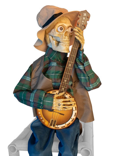 Decorațiune animată schelet muzician bântuit care cântă la banjo, cu sunete și mișcări 31 x 27 x 98 cm