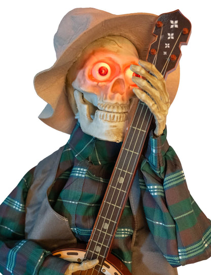 Decorațiune animată schelet muzician bântuit care cântă la banjo, cu sunete și mișcări 31 x 27 x 98 cm