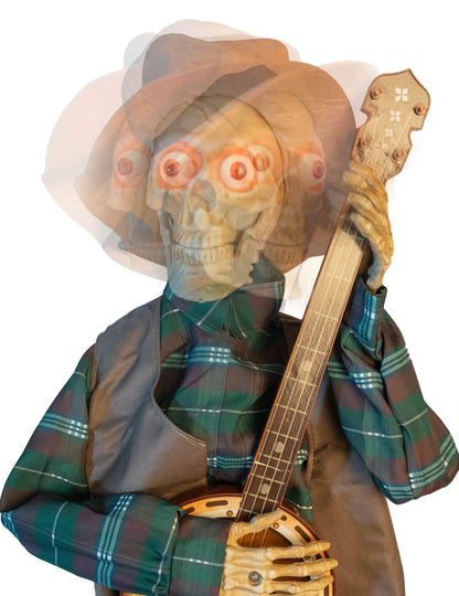 Decorațiune animată schelet muzician bântuit care cântă la banjo, cu sunete și mișcări 31 x 27 x 98 cm