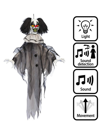 Decorațiune animată suspendată clown malefic cu mișcări și sunete 90 cm