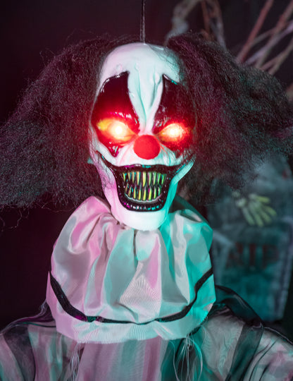 Decorațiune animată suspendată clown malefic cu mișcări și sunete 90 cm