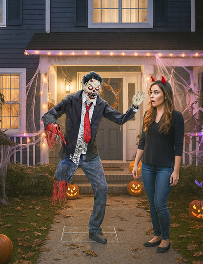 Decorațiune animată cu zombi fracturați, cu brațe articulate, sunet și lumini, 1,8 m