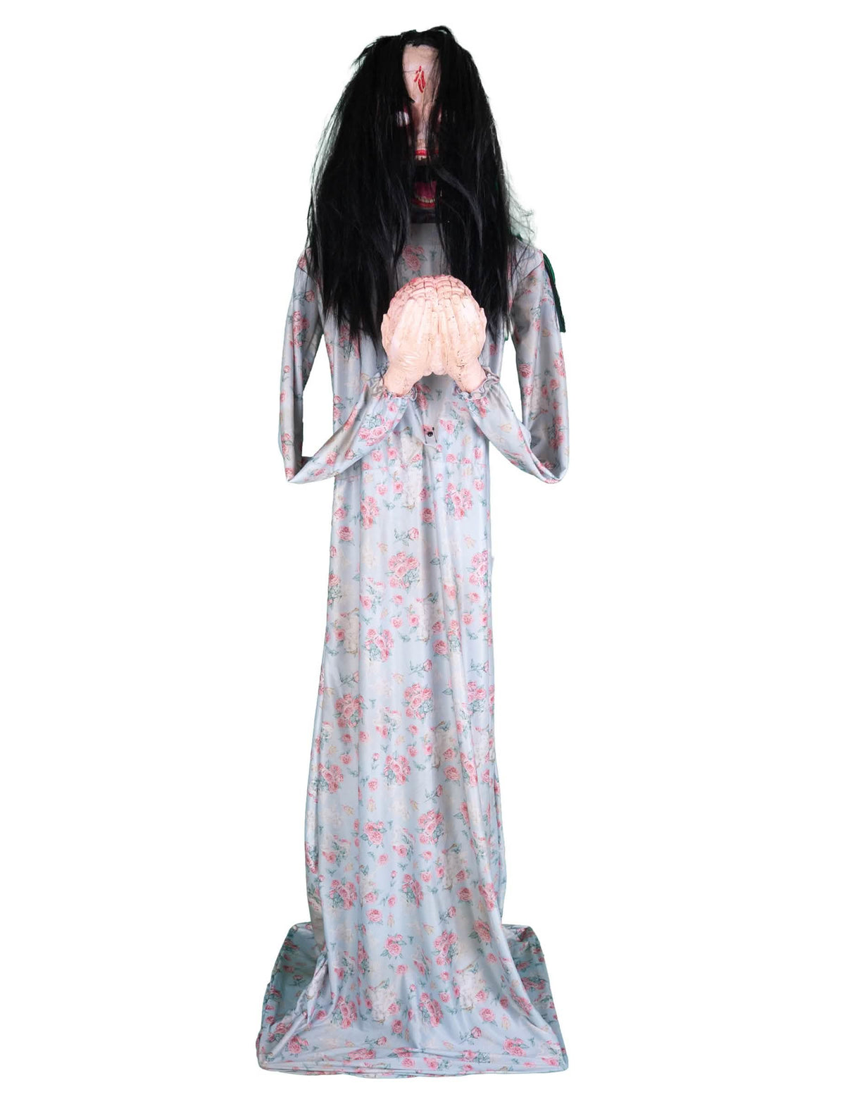 Décoration animée zombie mangeur de cerveau avec robe fleurie et longs cheveux noirs